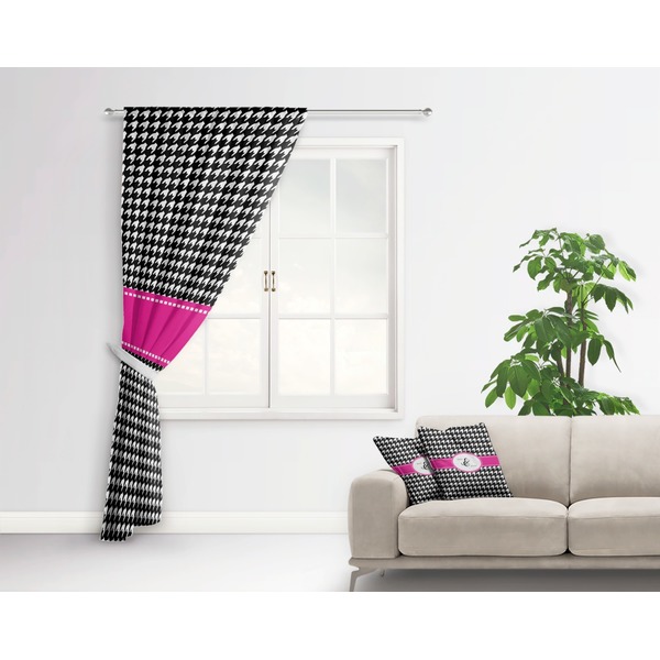 Houndstooth w/Pink Accent Curtain With Window and Rod - in Room Matching Pillow