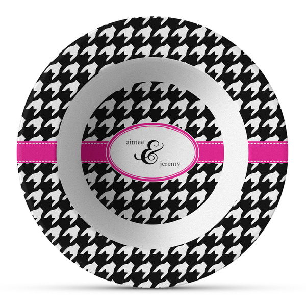 Custom Houndstooth w/Pink Accent Plastic Bowl - Microwave Safe - Composite Polymer (Personalized)