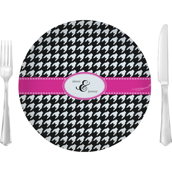 Custom Houndstooth w/Pink Accent 10" Glass Lunch / Dinner Plates - Single or Set (Personalized)