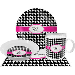 Houndstooth w/Pink Accent Dinner Set - Single 4 Pc Setting w/ Couple's Names