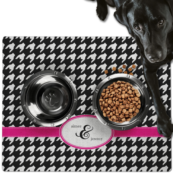 Custom Houndstooth w/Pink Accent Dog Food Mat - Large w/ Couple's Names