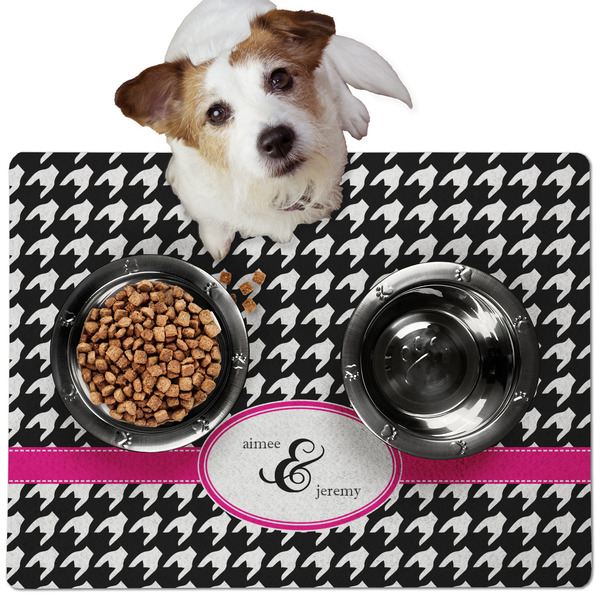Custom Houndstooth w/Pink Accent Dog Food Mat - Medium w/ Couple's Names