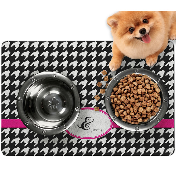 Custom Houndstooth w/Pink Accent Dog Food Mat - Small w/ Couple's Names