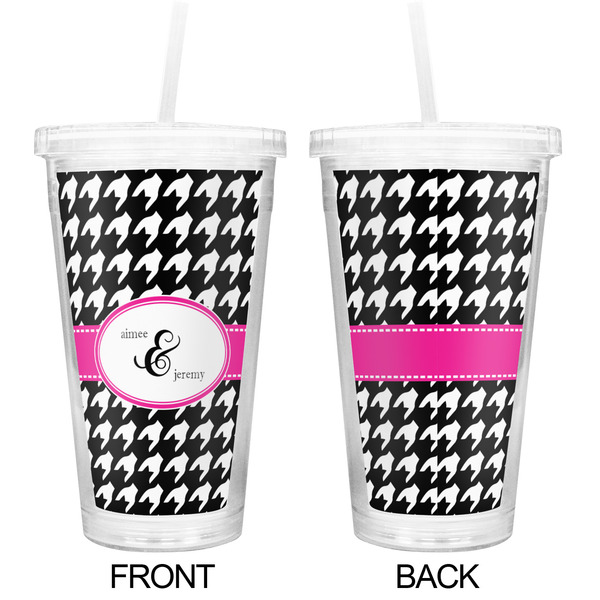 Houndstooth w/Pink Accent Double Wall Tumbler with Straw - Approval