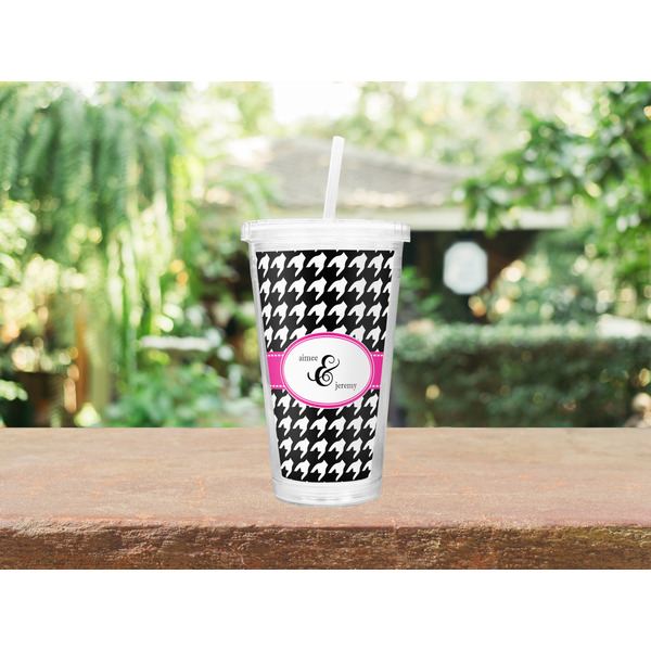 Houndstooth w/Pink Accent Double Wall Tumbler with Straw Lifestyle