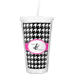 Houndstooth w/Pink Accent Double Wall Tumbler with Straw (Personalized)