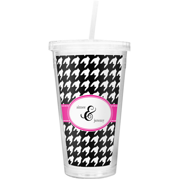 Custom Houndstooth w/Pink Accent Double Wall Tumbler with Straw (Personalized)