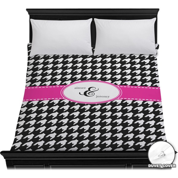 Custom Houndstooth w/Pink Accent Duvet Cover - Full / Queen (Personalized)