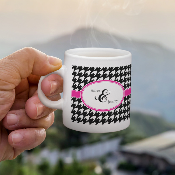 Houndstooth w/Pink Accent Espresso Cup - 3oz LIFESTYLE (new hand)