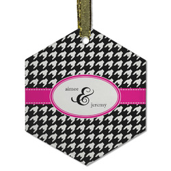 Houndstooth w/Pink Accent Flat Glass Ornament - Hexagon w/ Couple's Names