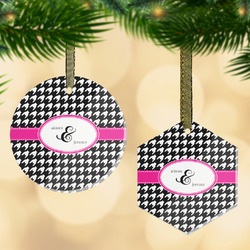 Houndstooth w/Pink Accent Flat Glass Ornament w/ Couple's Names