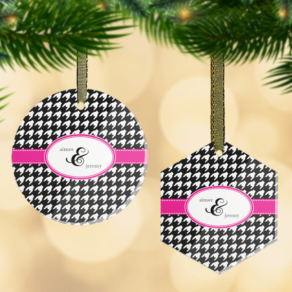 Custom Houndstooth w/Pink Accent Flat Glass Ornament w/ Couple's Names