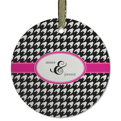 Houndstooth w/Pink Accent Flat Glass Ornament - Round w/ Couple's Names