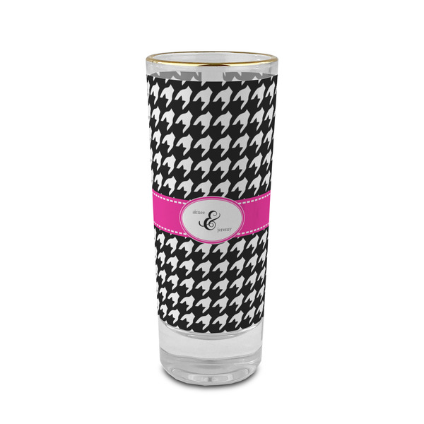 Custom Houndstooth w/Pink Accent 2 oz Shot Glass -  Glass with Gold Rim - Single (Personalized)
