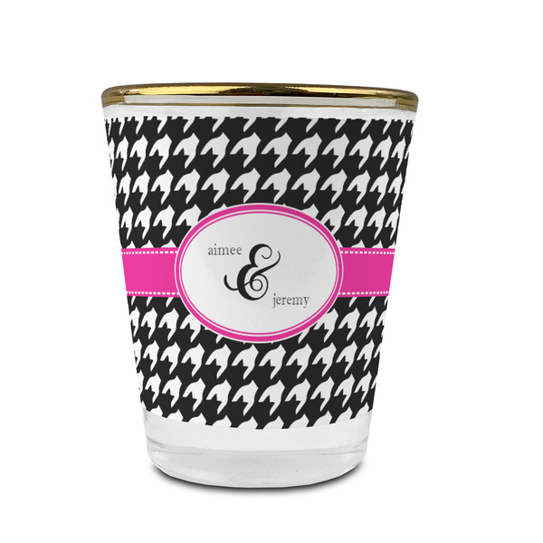 Custom Houndstooth w/Pink Accent Glass Shot Glass - 1.5 oz - with Gold Rim - Single (Personalized)