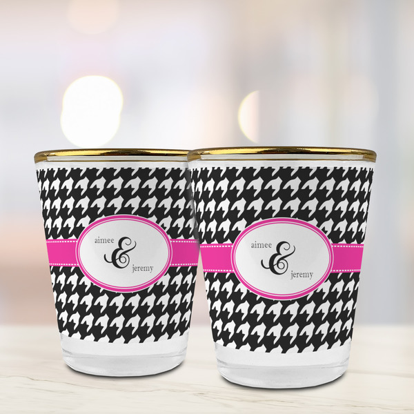 Houndstooth w/Pink Accent Glass Shot Glass - with gold rim - LIFESTYLE