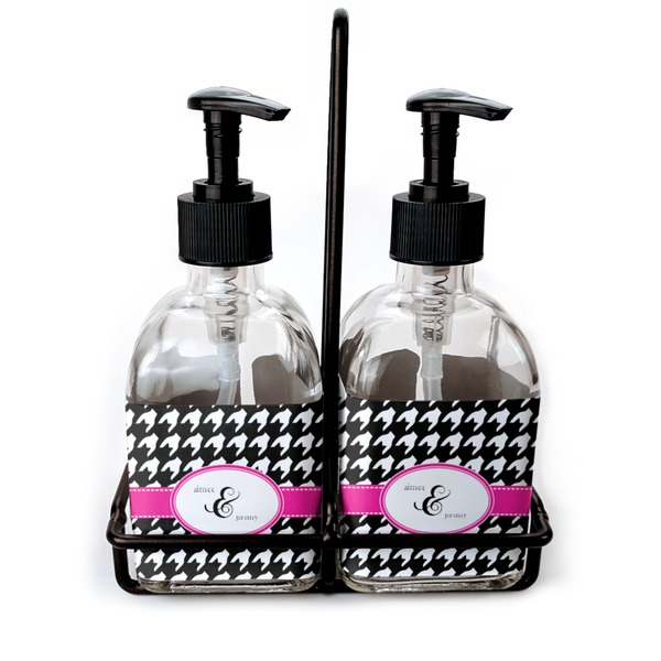 Custom Houndstooth w/Pink Accent Glass Soap & Lotion Bottles (Personalized)