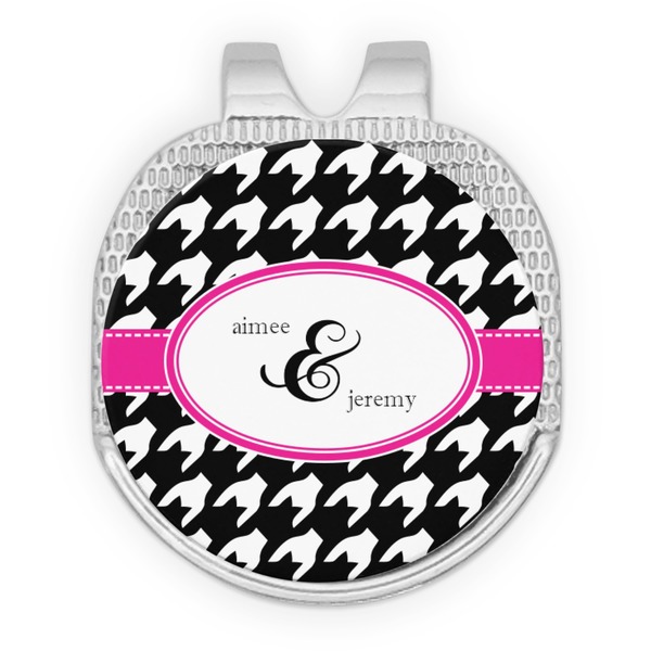 Custom Houndstooth w/Pink Accent Golf Ball Marker - Hat Clip - Silver