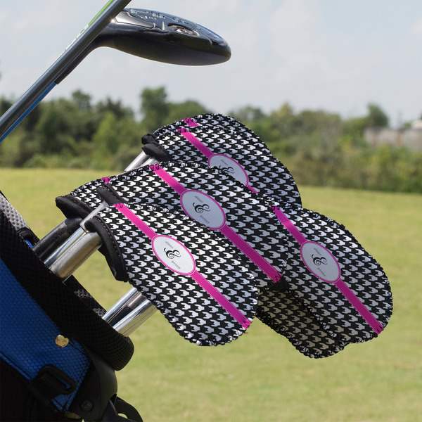 Custom Houndstooth w/Pink Accent Golf Club Iron Cover - Set of 9 (Personalized)