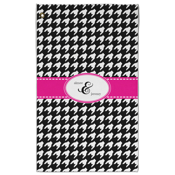 Custom Houndstooth w/Pink Accent Golf Towel - Poly-Cotton Blend - Large w/ Couple's Names