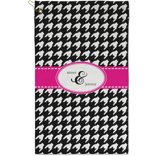 Custom Houndstooth w/Pink Accent Golf Towel - Poly-Cotton Blend - Small w/ Couple's Names