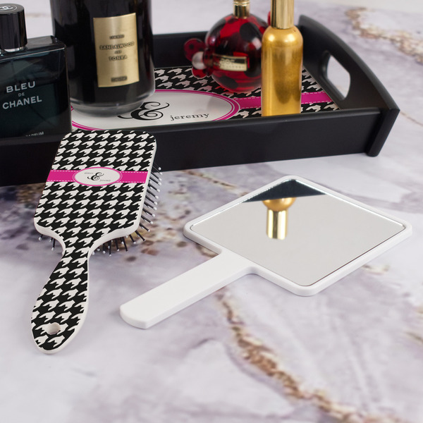 Houndstooth w/Pink Accent Hair Brush - With Hand Mirror