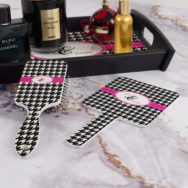 Houndstooth w/Pink Accent Hair Brush and Hand Mirror - Bathroom Scene