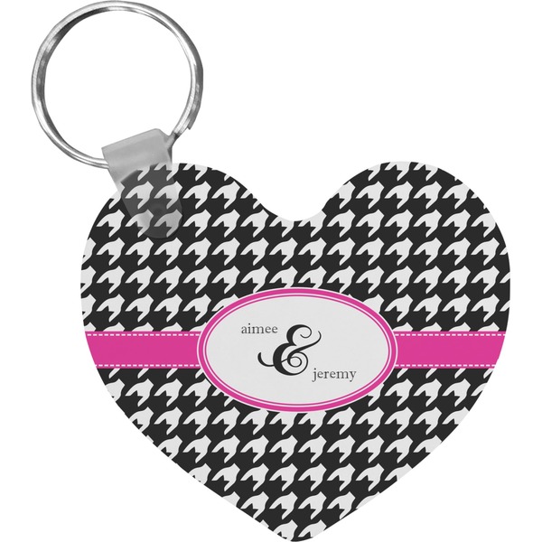 Custom Houndstooth w/Pink Accent Heart Plastic Keychain w/ Couple's Names