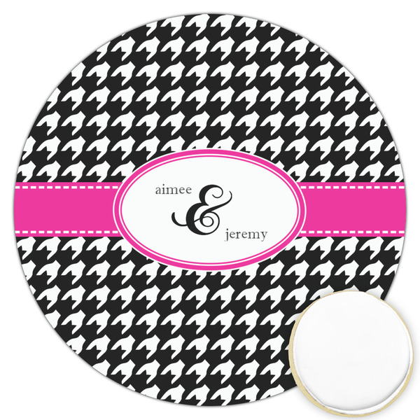 Custom Houndstooth w/Pink Accent Printed Cookie Topper - 3.25" (Personalized)
