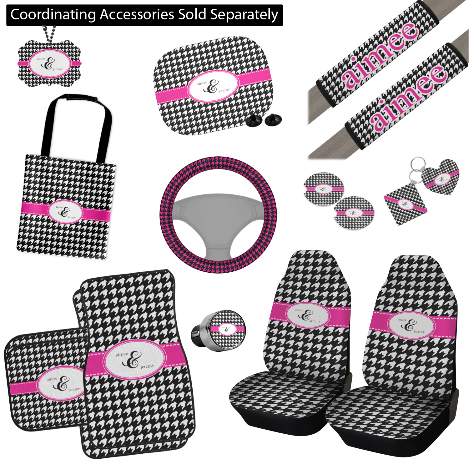 Custom Houndstooth w/Pink Accent Car Seat Covers (Set of Two
