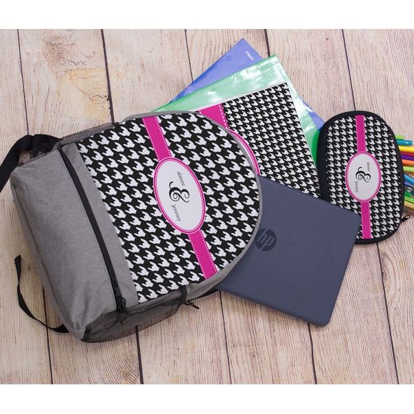 Houndstooth w/Pink Accent Large Backpack - Gray - With Stuff