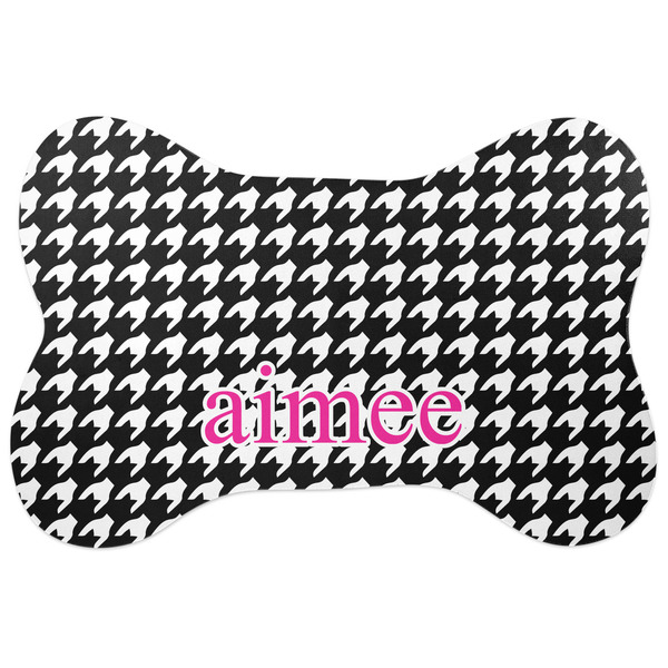 Custom Houndstooth w/Pink Accent Bone Shaped Dog Food Mat (Personalized)