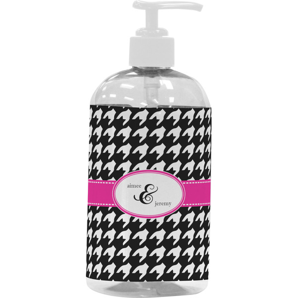 Custom Houndstooth w/Pink Accent Plastic Soap / Lotion Dispenser (16 oz - Large - White) (Personalized)