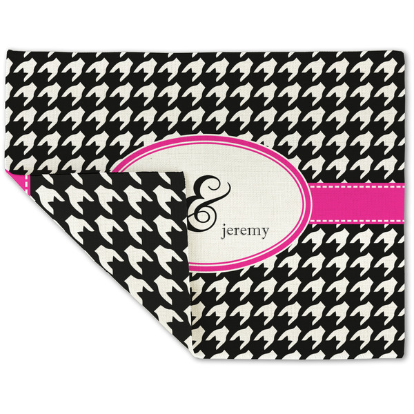 Custom Houndstooth w/Pink Accent Double-Sided Linen Placemat - Single w/ Couple's Names