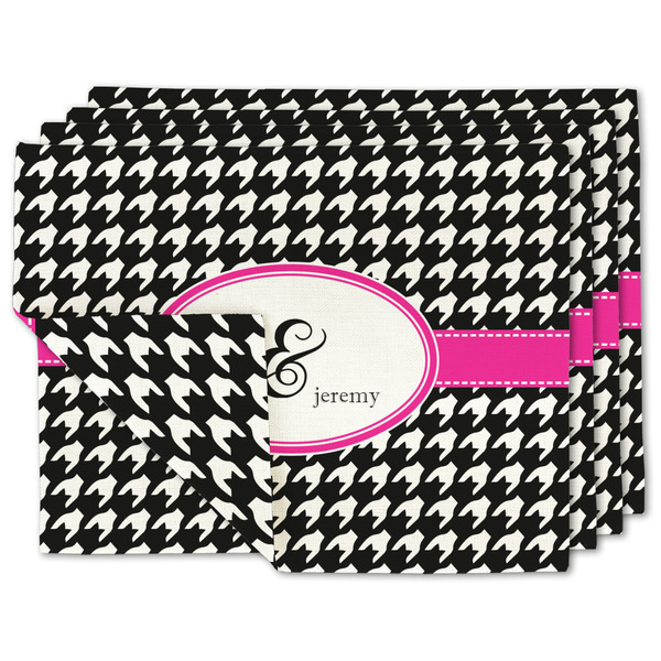 Custom Houndstooth w/Pink Accent Double-Sided Linen Placemat - Set of 4 w/ Couple's Names
