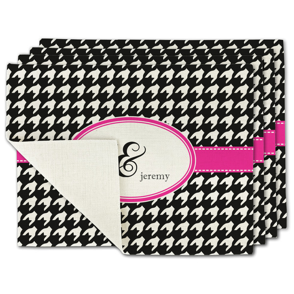 Custom Houndstooth w/Pink Accent Single-Sided Linen Placemat - Set of 4 w/ Couple's Names