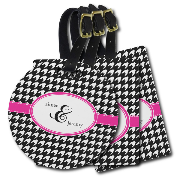 Custom Houndstooth w/Pink Accent Plastic Luggage Tag (Personalized)