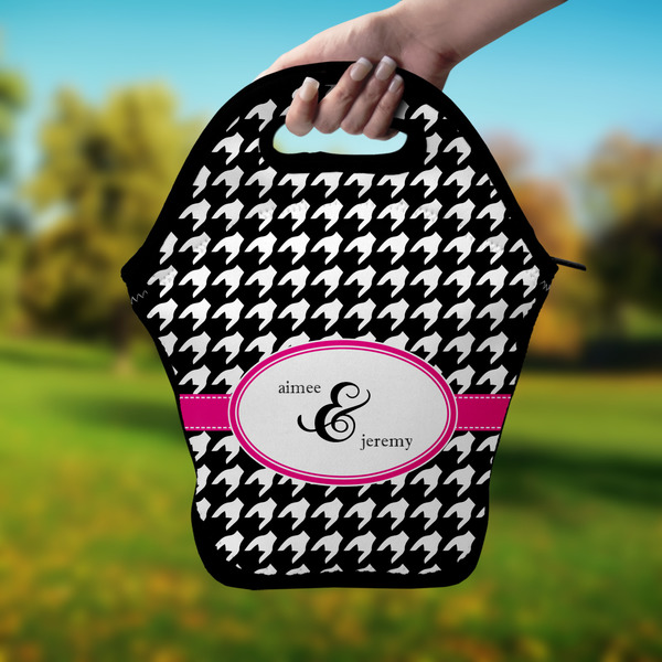 Houndstooth w/Pink Accent Lunch Bag - Hand