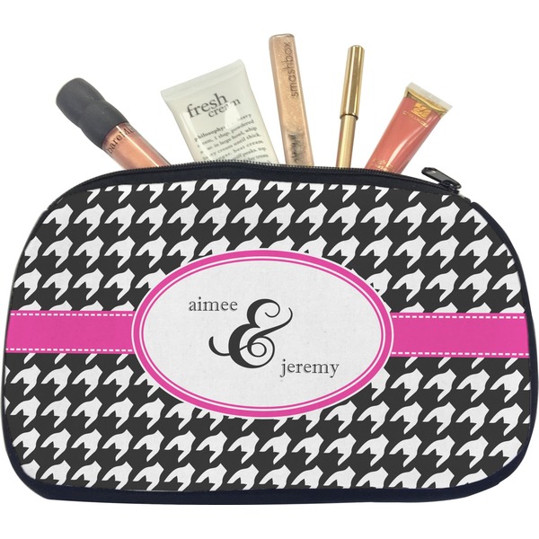 Custom Houndstooth w/Pink Accent Makeup / Cosmetic Bag - Medium (Personalized)
