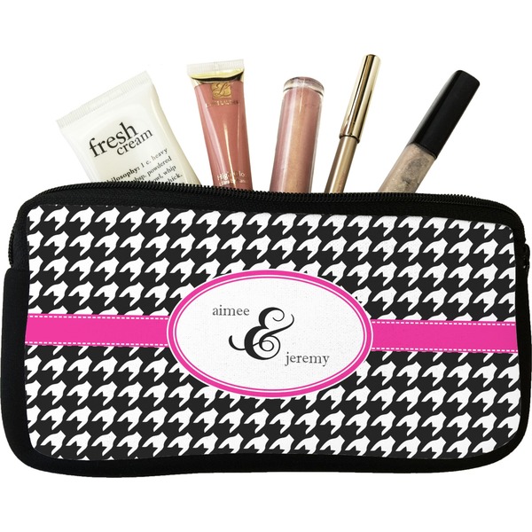Custom Houndstooth w/Pink Accent Makeup / Cosmetic Bag (Personalized)