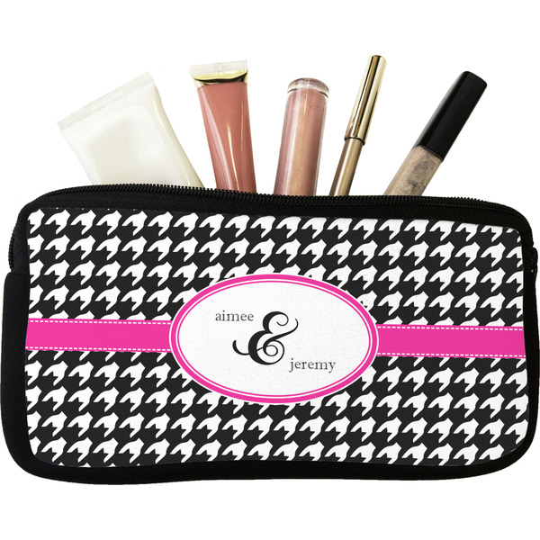 Custom Houndstooth w/Pink Accent Makeup / Cosmetic Bag - Small (Personalized)