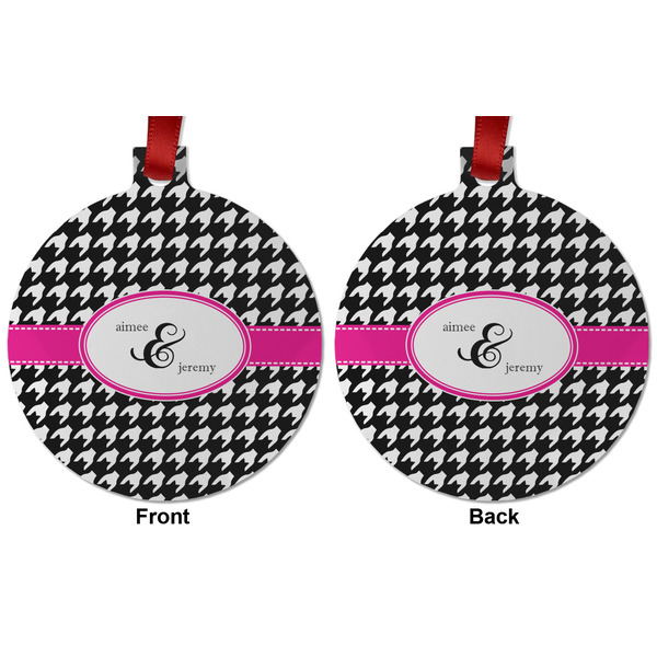 Houndstooth w/Pink Accent Metal Ball Ornament - Front and Back