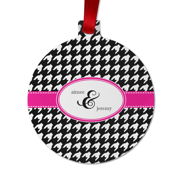 Custom Houndstooth w/Pink Accent Metal Ball Ornament - Double Sided w/ Couple's Names
