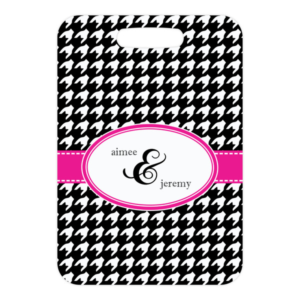 Houndstooth w/Pink Accent Metal Luggage Tag - Front Without Strap