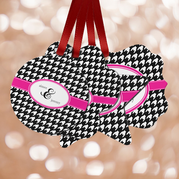 Custom Houndstooth w/Pink Accent Metal Ornaments - Double Sided w/ Couple's Names