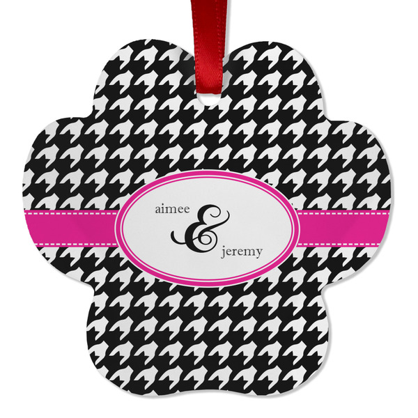Custom Houndstooth w/Pink Accent Metal Paw Ornament - Double Sided w/ Couple's Names