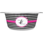Houndstooth w/Pink Accent Stainless Steel Dog Bowl (Personalized)