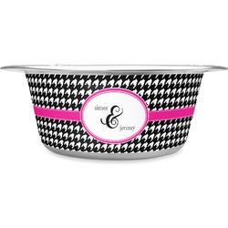 Houndstooth w/Pink Accent Stainless Steel Dog Bowl - Large (Personalized)