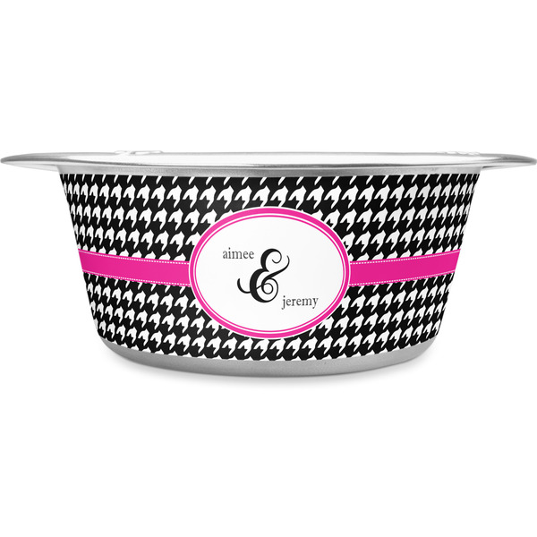 Custom Houndstooth w/Pink Accent Stainless Steel Dog Bowl - Medium (Personalized)
