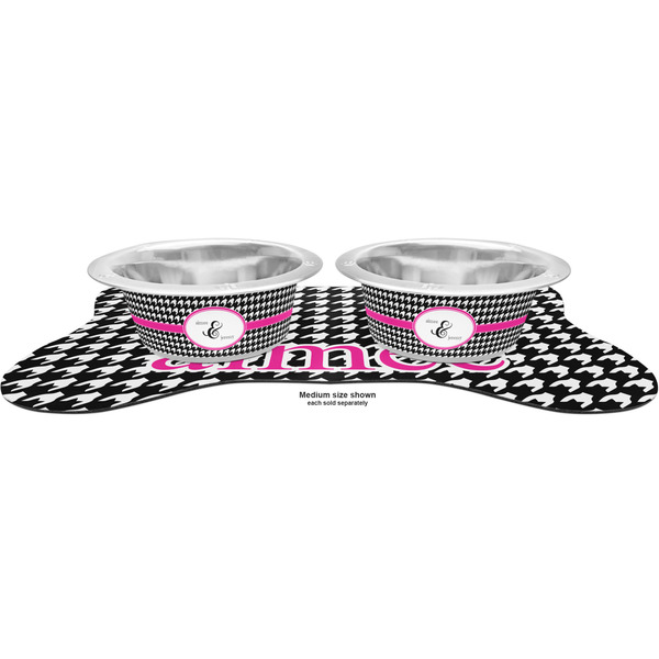 Houndstooth w/Pink Accent Metal Pet Bowls - On Dog Bone Shaped Mat